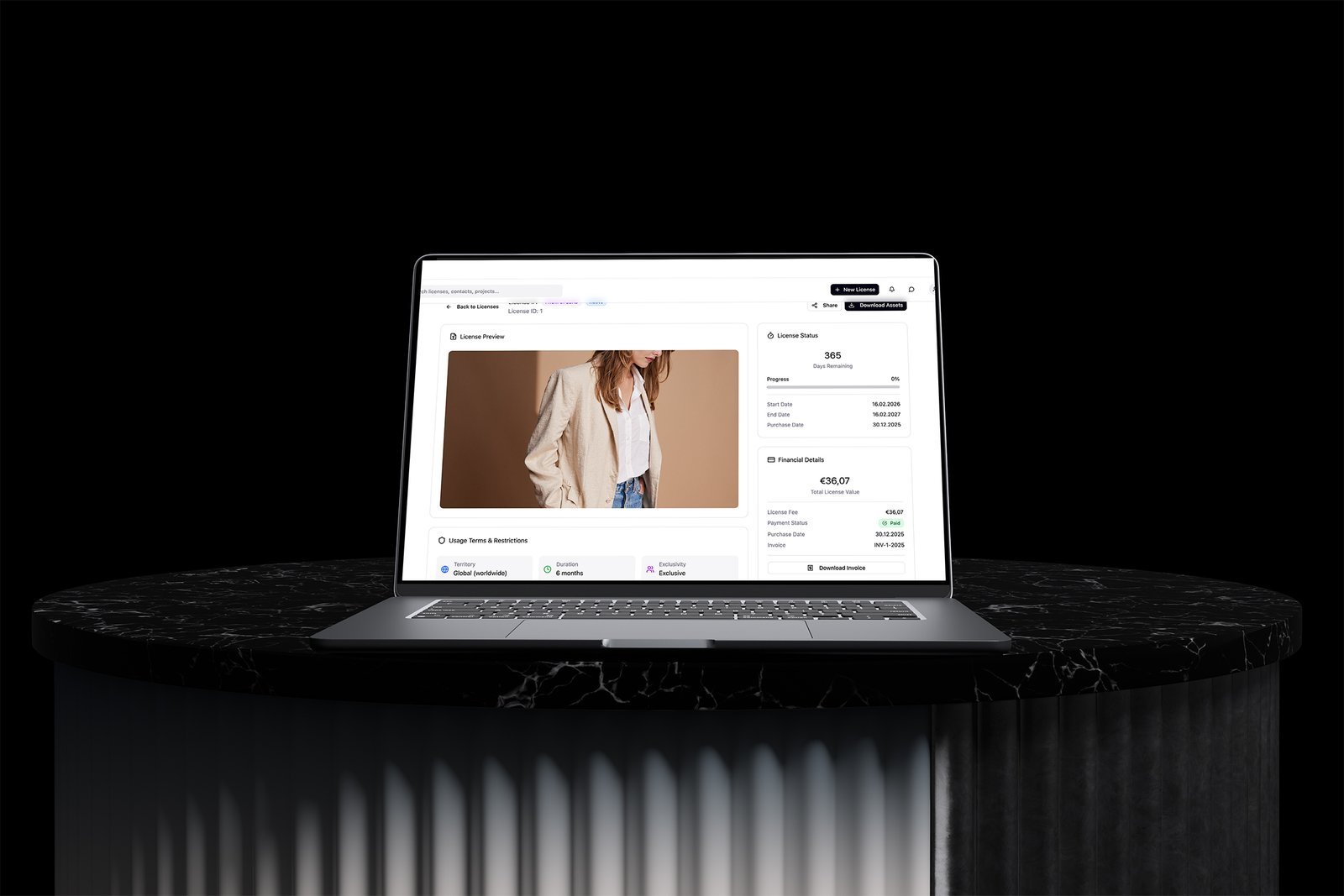 aethos App auf einem Laptop: Lizenzstatus mit verbleibenden Tagen und Nutzungsbedingungen